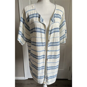 Reba Rose White Blue Stripe Long Line Short Sleeve Cardigan Coastal Grandma 22/2